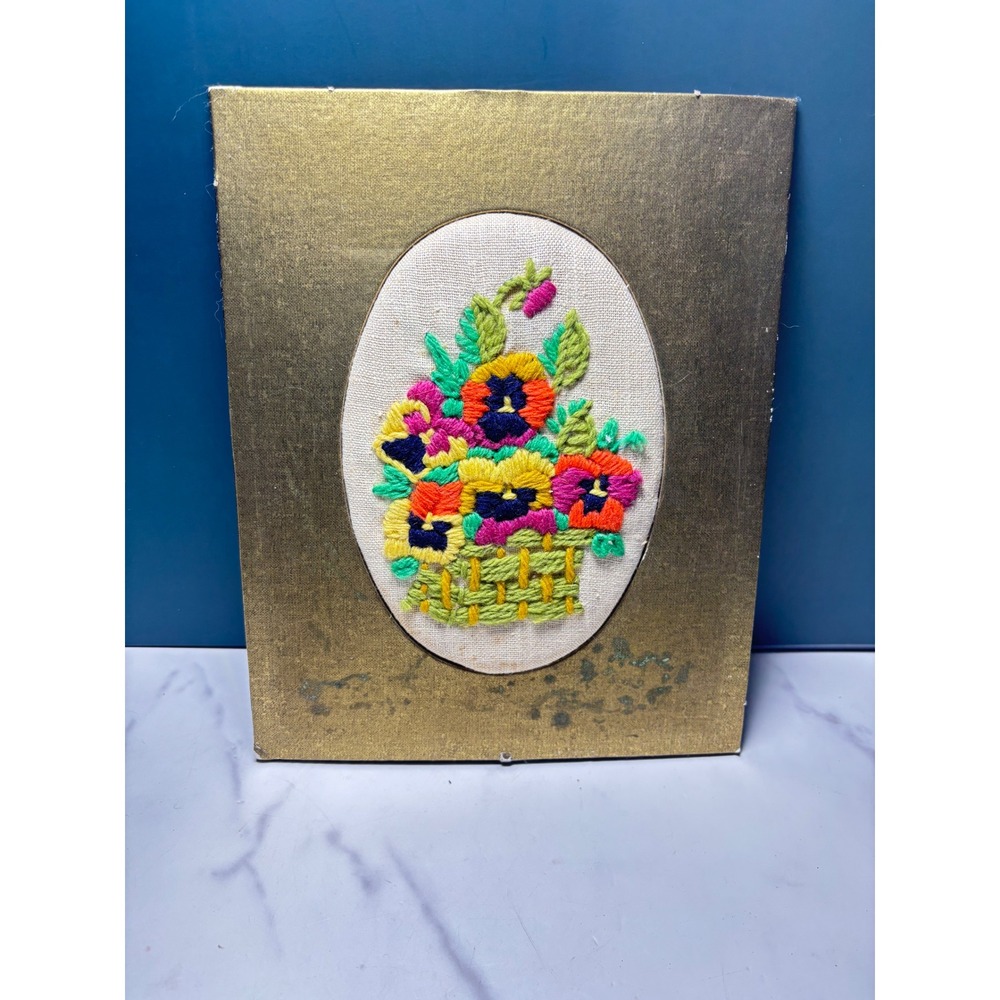 Vintage Crewel Embroidery Pansy Flower Basket Gold Framed Wall Art 8x10